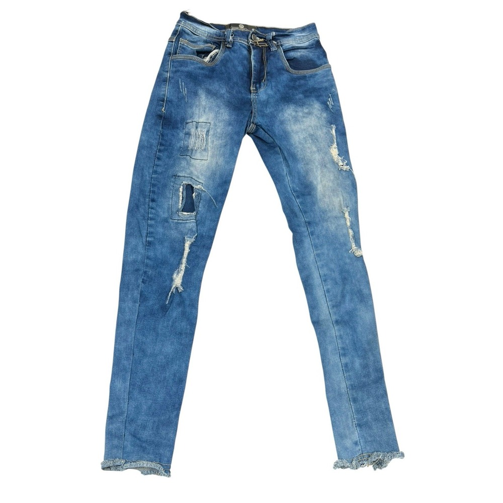 Skateboard Distressed Skinny Jeans Men's Blue Ripped Frayed Hem Stretch Size 28‎